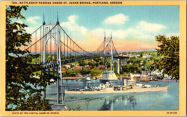 Vtg Postcard US Navy Battleship Passing Under St. Johns Bridge, Portland Oregon - £6.06 GBP