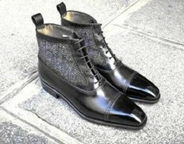 Handmade Grey Tweed Ankle Boot Men Leather Formal Dress Black Leather Boots - £119.89 GBP