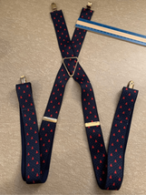 Clip On Christmas Tree Elastic Suspenders Braces-Blue Red Gold Accent EUC - £8.24 GBP