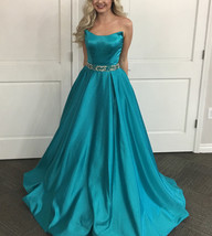 A-line Long Satin Prom Dress Belt Floor Length Beaded Belt Evening Dress - £133.11 GBP