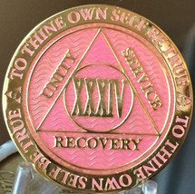 34 Year AA Medallion Pink Gold Plated Alcoholics Anonymous Sobriety Chip... - £14.38 GBP