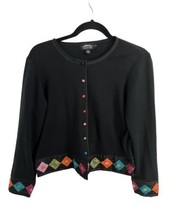 ICELANDIC DESIGN Womens Sweater Black Cotton Knit Silk Patchwork Trim Ca... - £21.51 GBP