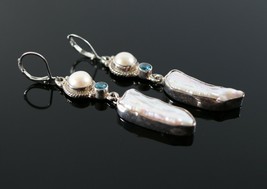 Vintage .925 Sterling Silver SW Mother Pearl Tiered Blue Dangle Earrings 10.9g - £29.05 GBP