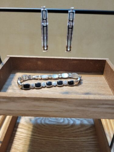Slightly Vintage Liz Claiborne Silver And Onyx Bracelet With Matching Earrings - $44.55
