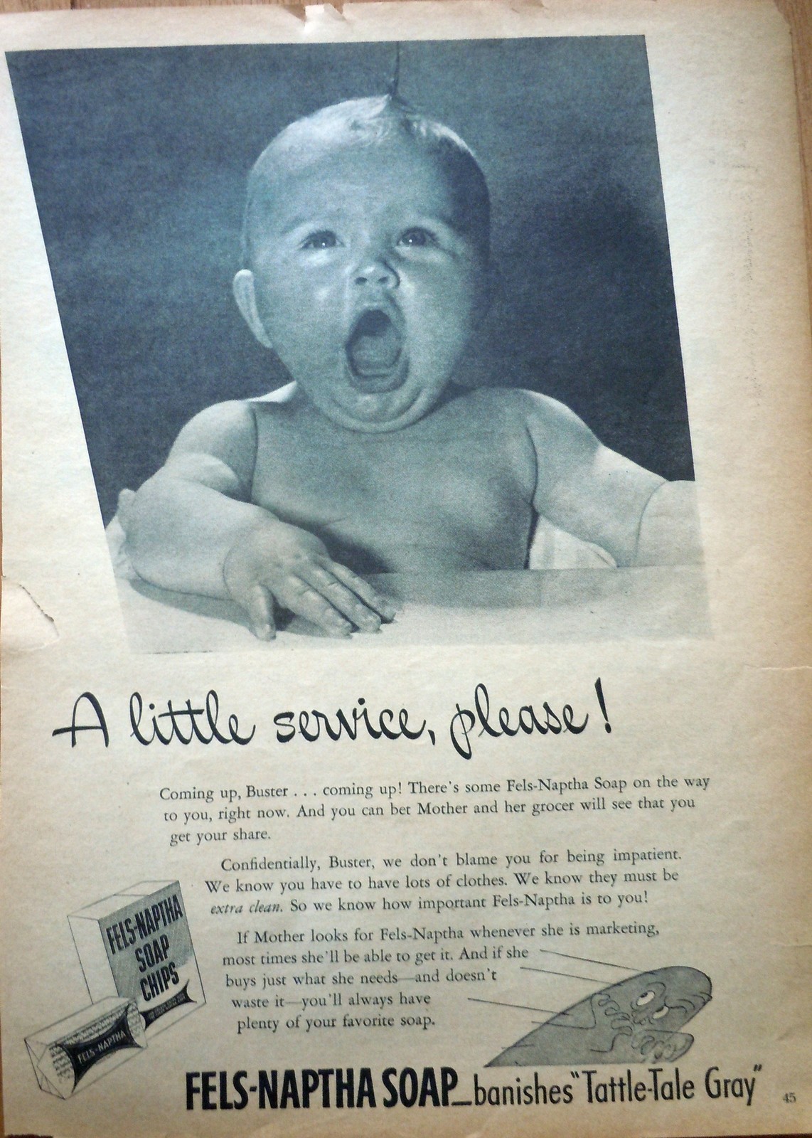 Fels-Naptha Soap Baby Yawning Print Magazine Advertisement 1940s - $4.99