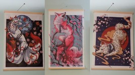 3 Japanese Art Print Wall Hanging Canvas Scroll Decor Abstract Wolf - £58.05 GBP