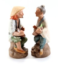 Vintage Pair of LEFTON Old Man &amp; Woman Fisherman Farmer 4.5&quot; Figures w/ Stickers - £17.49 GBP