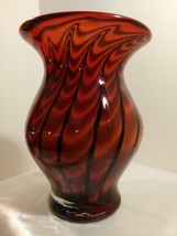 Vintage Hand-Blown Sunset Red Art Glass Vase with Black Swirling Waves - $34.65