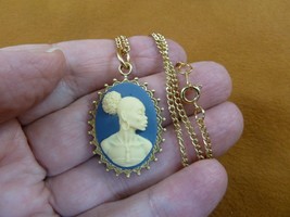 CA10-165) RARE African American LADY blue + ivory CAMEO brass pendant necklace - £21.65 GBP