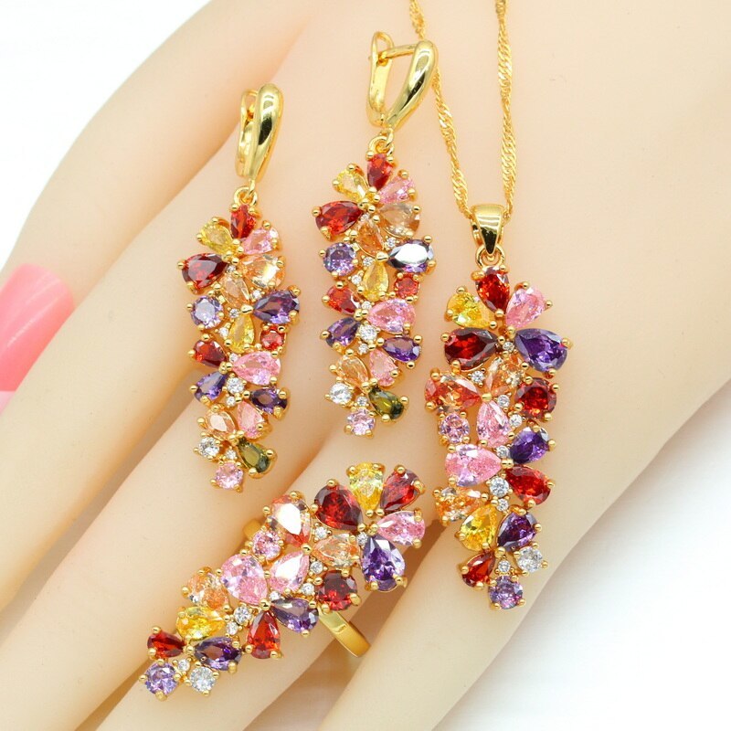Primary image for New Multi Color Zirconia Gold Color Jewelry Sets for Women Earrings Necklace Pen