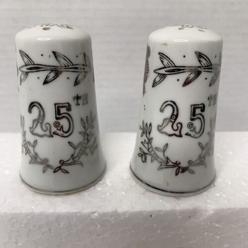 Vintage Porcelain Lefton Salt And Pepper Shakers 25th Anniversary Silver White - $8.00