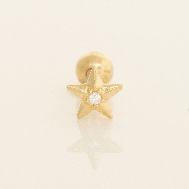 Star Shape Nose Ear Piercings 14K Solid Gold Diamond Jewelry Summer Gift - $250.49