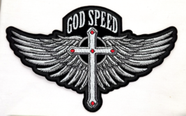 God Speed Angel Wings &amp; Cross Iron On Embroidered Patch   6&quot; X 3 3/4&quot; - $7.49