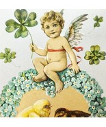 Easter Joys 1910 Greeting Postcard Embossed Cherub 4 Leaf Clover PCBG6D - $41.01 CAD