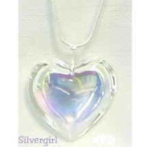 Sterling Silver OR Gold Plated Chain Shimmery Large Puff AB Glass Heart Necklace - £12.51 GBP