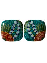 Vintage Floral Pierced Earrings Teal Green Red Tropical Leaf Square Stat... - $17.10