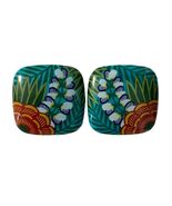 Vintage Floral Pierced Earrings Teal Green Red Tropical Leaf Square Stat... - $17.10