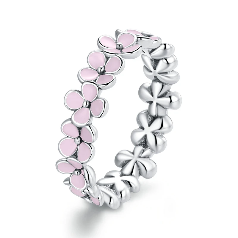 Flower Silver 925 Ring Pink Zircon Daisy Flower Enamel Rings For Female Fingers  - £26.20 GBP