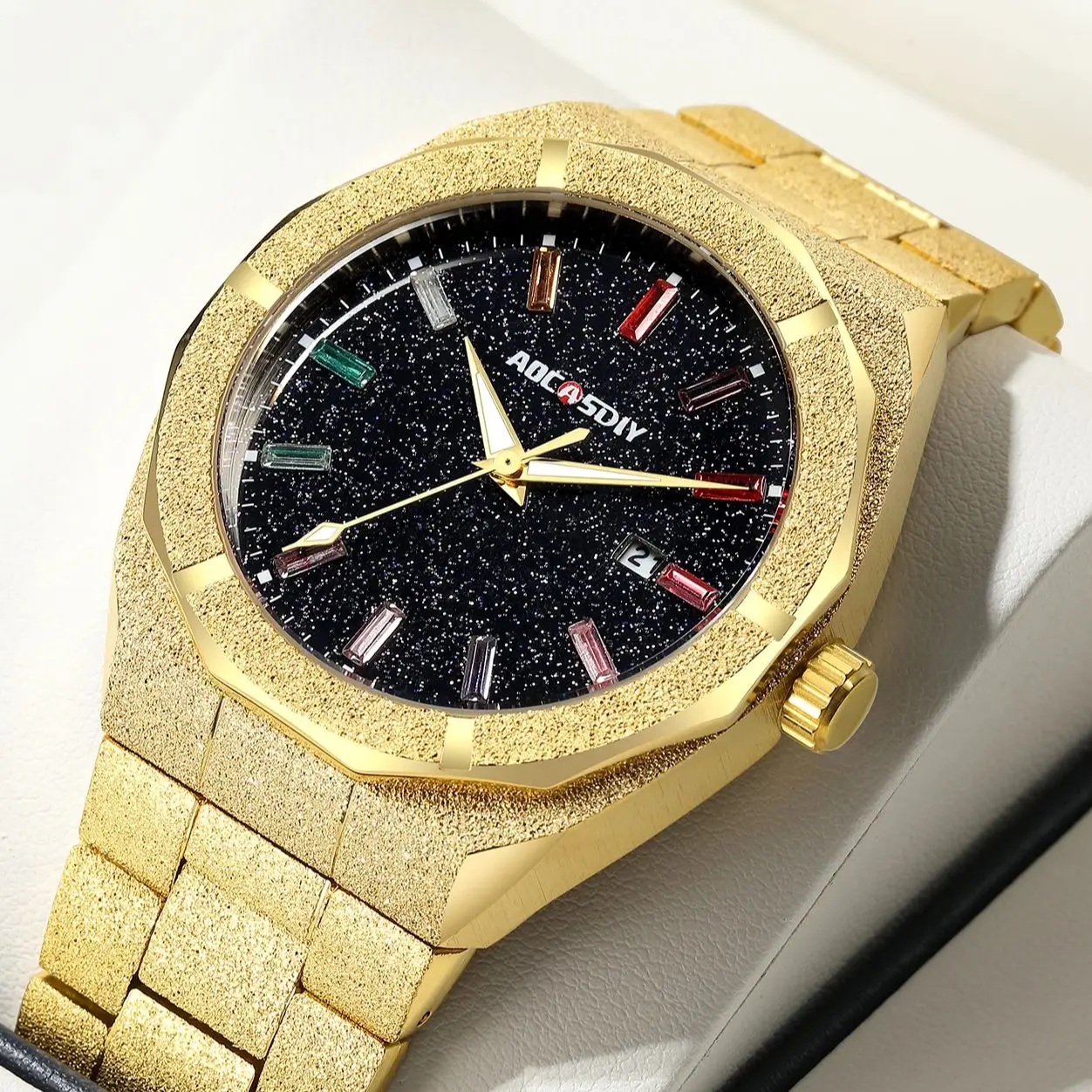 Luxury Men watche Colourful Crystal Waterproof Bling Dial Frosted Star Dust Rain - $37.45