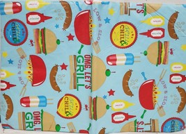 Flannel Back Vinyl Printed Tablecloth, 52&quot;x104&quot;Oblong,GRILL,BBQ On Light Blue,Ap - £14.00 GBP