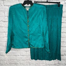 Papell Too Vintage Skirt Suit Womens 16 Turquoise Silk Demask Gold Trim ... - $54.40