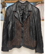 TRIBAL Black Leather Jacket Brown Weave Size 16 - $39.59