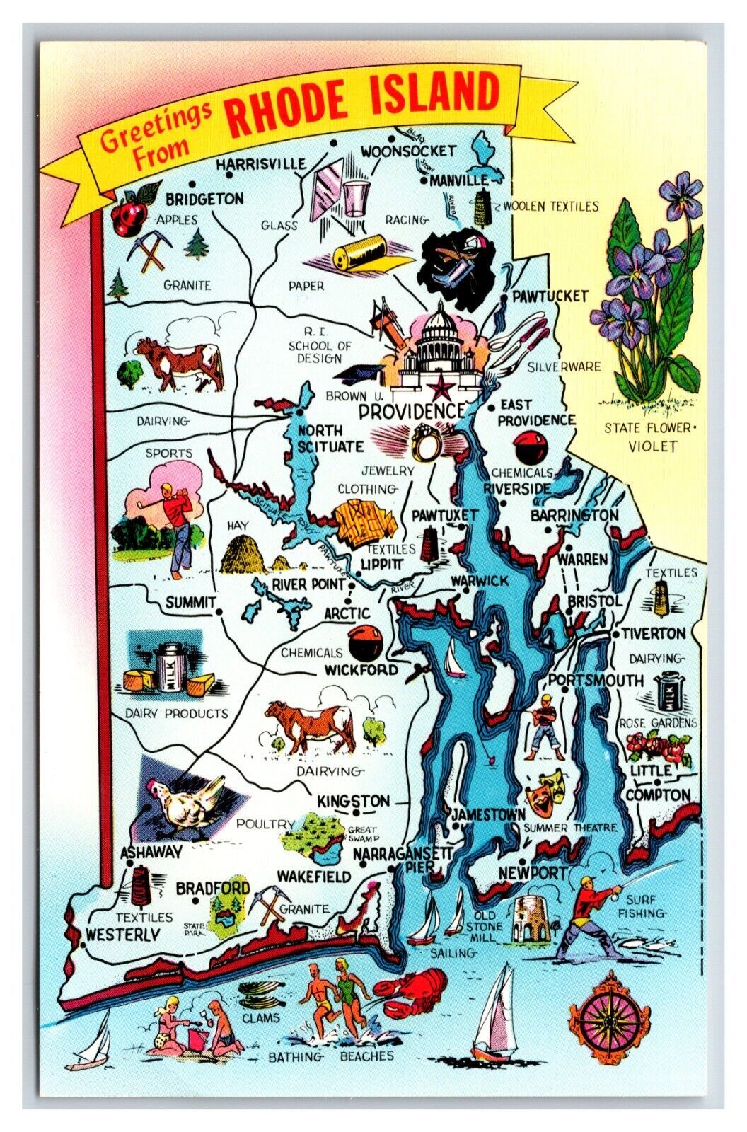Primary image for State Map Greetings From Rhode Island RI UNP Chrome Postcard R13