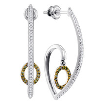 10k White Gold Round Green Color Enhanced Diamond J Hoop Oval Dangle Ear... - $500.00
