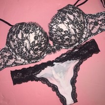 Victoria&#39;s Secret 32D Bra Set S Thong Black Gray Pink Crystallized Very Sexy - £62.29 GBP