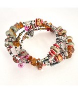 Boho Amber Gemstones Hill Tribe Silver Beads 4-Strand Memory Wire Bracel... - £9.44 GBP