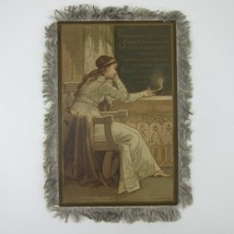 Victorian Card Girl Holds Candle at WIndow Grey Silk Fringe Double Sided Antique - £39.32 GBP