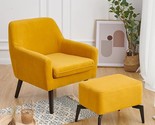 Upholstered Accent Club Yellow Chair With Free Ottoman?Wooden Deep Walnu... - £260.86 GBP