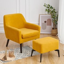 Upholstered Accent Club Yellow Chair With Free Ottoman?Wooden Deep Walnut Leg Co - £261.74 GBP