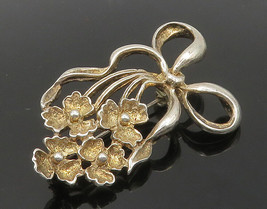 925 Sterling Silver - Vintage Shiny Ribbon Tied Flowers Brooch Pin - BP6158 - £48.60 GBP