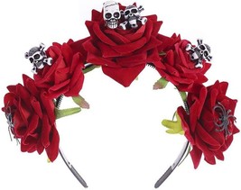 Red Flower Skull Headband Spider Halloween Gothic Mexican D a de Muerto Crown Ti - £22.66 GBP