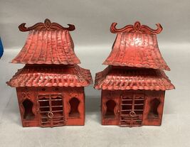 Set Of 2 Vintage Japanese Red Metal Tea Light Lanterns - $24.74