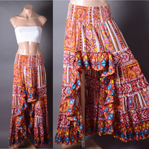 Orange Multicolor Ruffle Asymmetrical Smocked Stretch Boho Vacation Long... - $75.41 CAD
