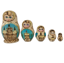Russian Nesting Doll 5 Pc Matryoshka Pyrography Folk Art Gold Onion Dome Church - £31.47 GBP