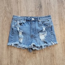 Almost Famous Denim Blue Jean Distressed Shorts ~ Sz 5 ~ Mid Rise ~ 2&quot; I... - $17.09