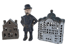 c1910 Antique Cast Iron Bank Collection Building and Policeman with billy club - £180.95 GBP