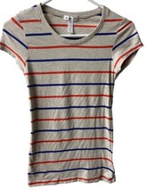 Ambience Apparel Top Womens Size S Tan Blue Red Striped Cap Sleeved Short Sleeve - £3.75 GBP