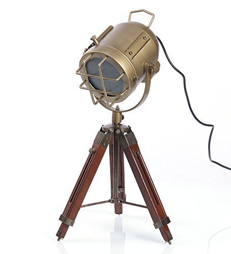 Vintage Brown Brass Finish Teak Wood Tripod Table Lamp