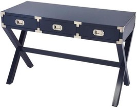 Writing Desk Campaign Military Silver Hardware Blue Distressed Steel Rubberwood - £900.77 GBP