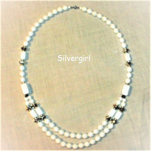 Vintage Bright White Plastic Beaded Silvertone Double Strand Necklace - £15.95 GBP