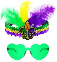 Mardi Gras Fluer Di Lis Headband Feather Sequin Fascinators and Sunglasses Purpl - £18.53 GBP