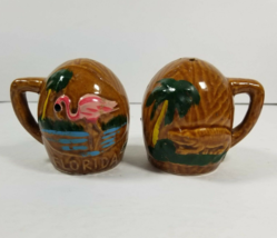 Flamingo Florida Salt Pepper Shaker Vintage Souvenir Brown Palm Trees Alligator - £9.41 GBP