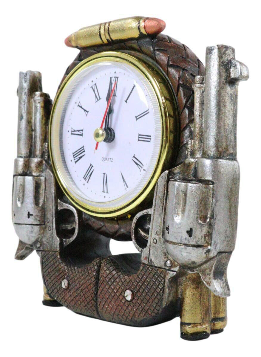 Rustic Western Cowboy Pistol Revolver Guns And Bullets Analog Table Clock Dec...