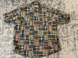 VINTAGE Orvis Patchwork Shirt Mens XXL Short Sleeve Plaid Cotton Madras ... - $32.66