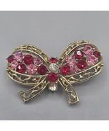 Vtg Coro Pat Pend Bow Brooch Pin Gold Tone Pink Red Rhinestone Valentine - $33.90 CAD