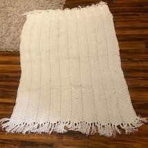 Handmade Crochet Afghan Lap Blanket Throw Knotted Fringe Chevron White 60&quot;X44&quot; - £30.30 GBP